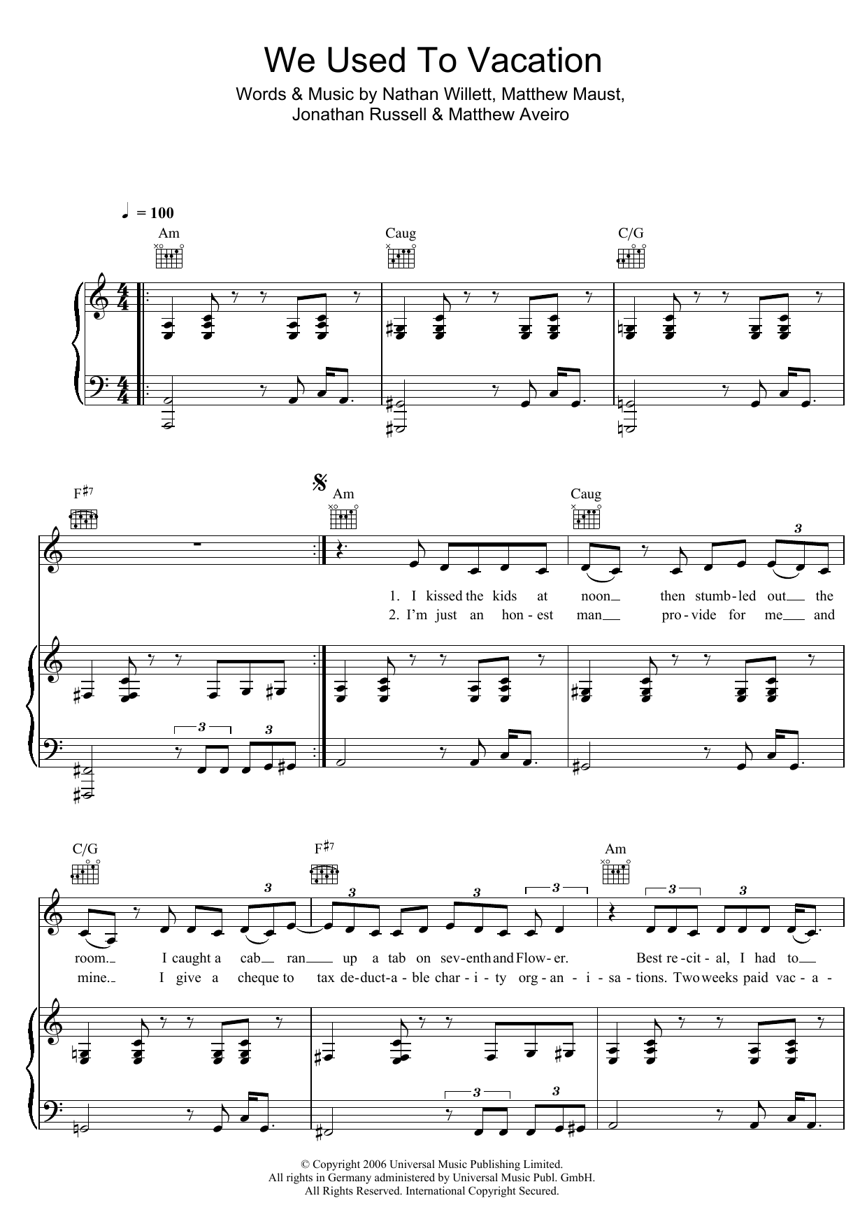 Download Cold War Kids We Used To Vacation Sheet Music