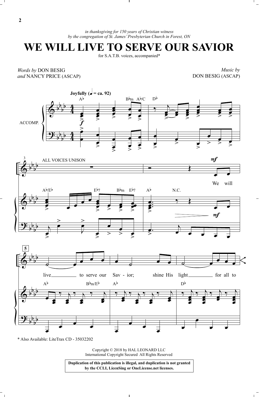 Download Don Besig & Nancy Price We Will Live To Serve Our Savior Sheet Music