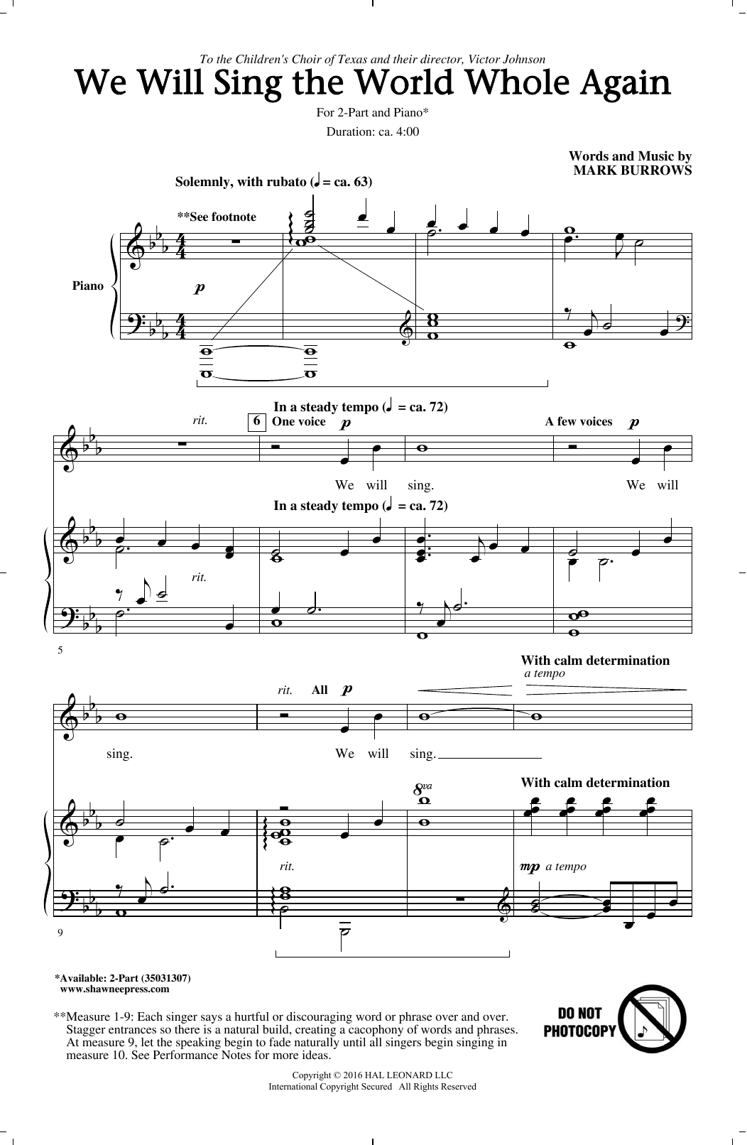 Download Mark Burrows We Will Sing The World Whole Again Sheet Music