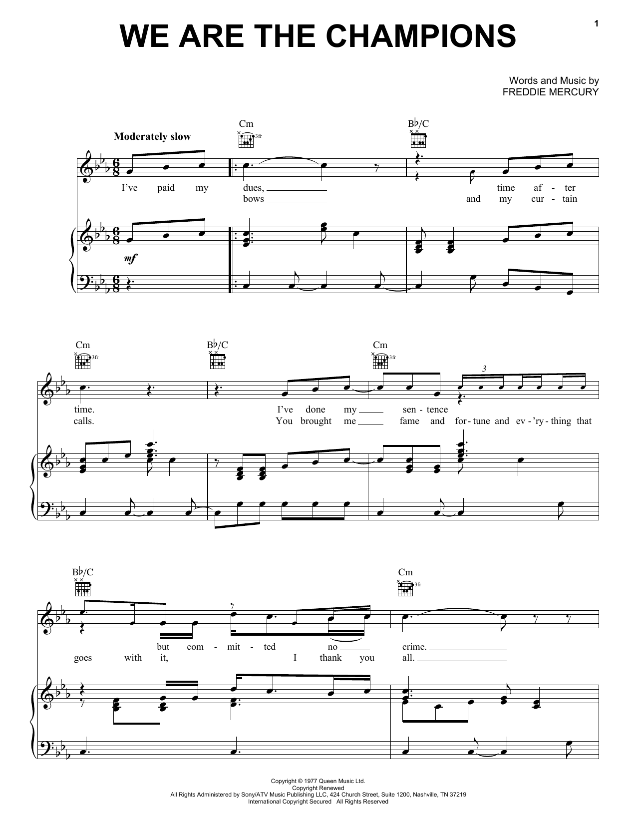 Queen We Are The Champions sheet music notes printable PDF score