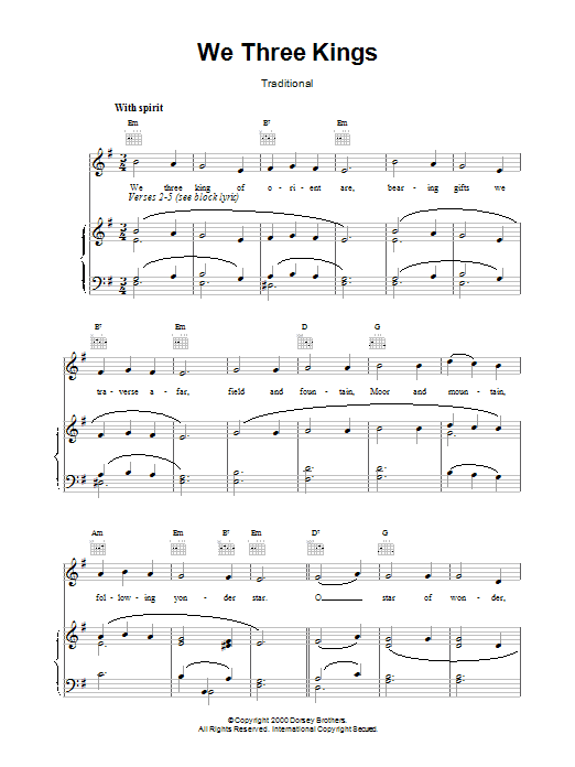 Christmas Carol We Three Kings Of Orient Are sheet music notes printable PDF score