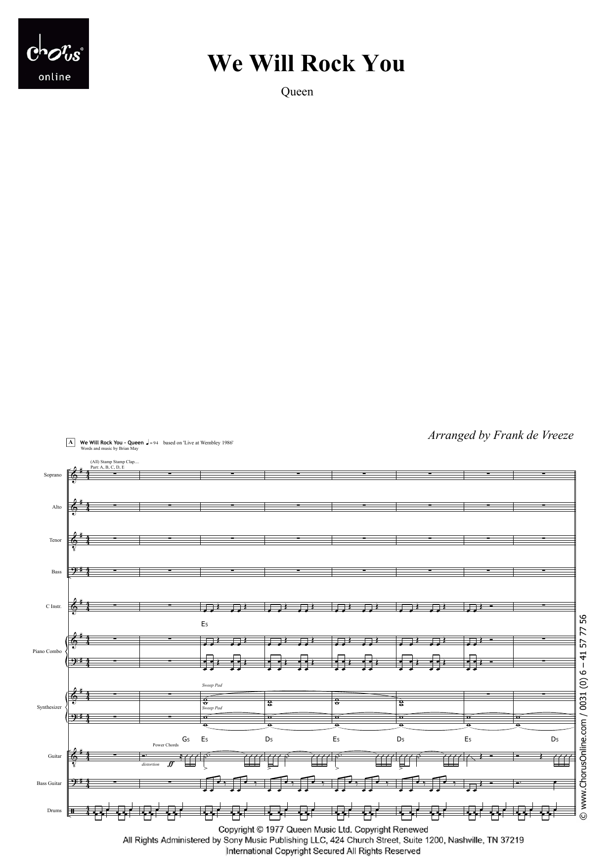 Queen We Will Rock You (arr. Frank de Vreeze) sheet music notes printable PDF score
