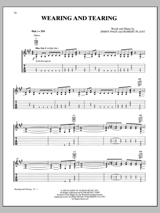 Download Led Zeppelin Wearing And Tearing Sheet Music