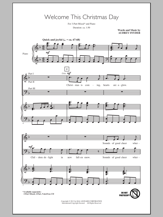 Download Audrey Snyder Welcome This Christmas Day Sheet Music