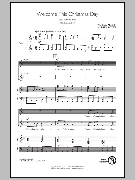 Download Audrey Snyder Welcome This Christmas Day Sheet Music