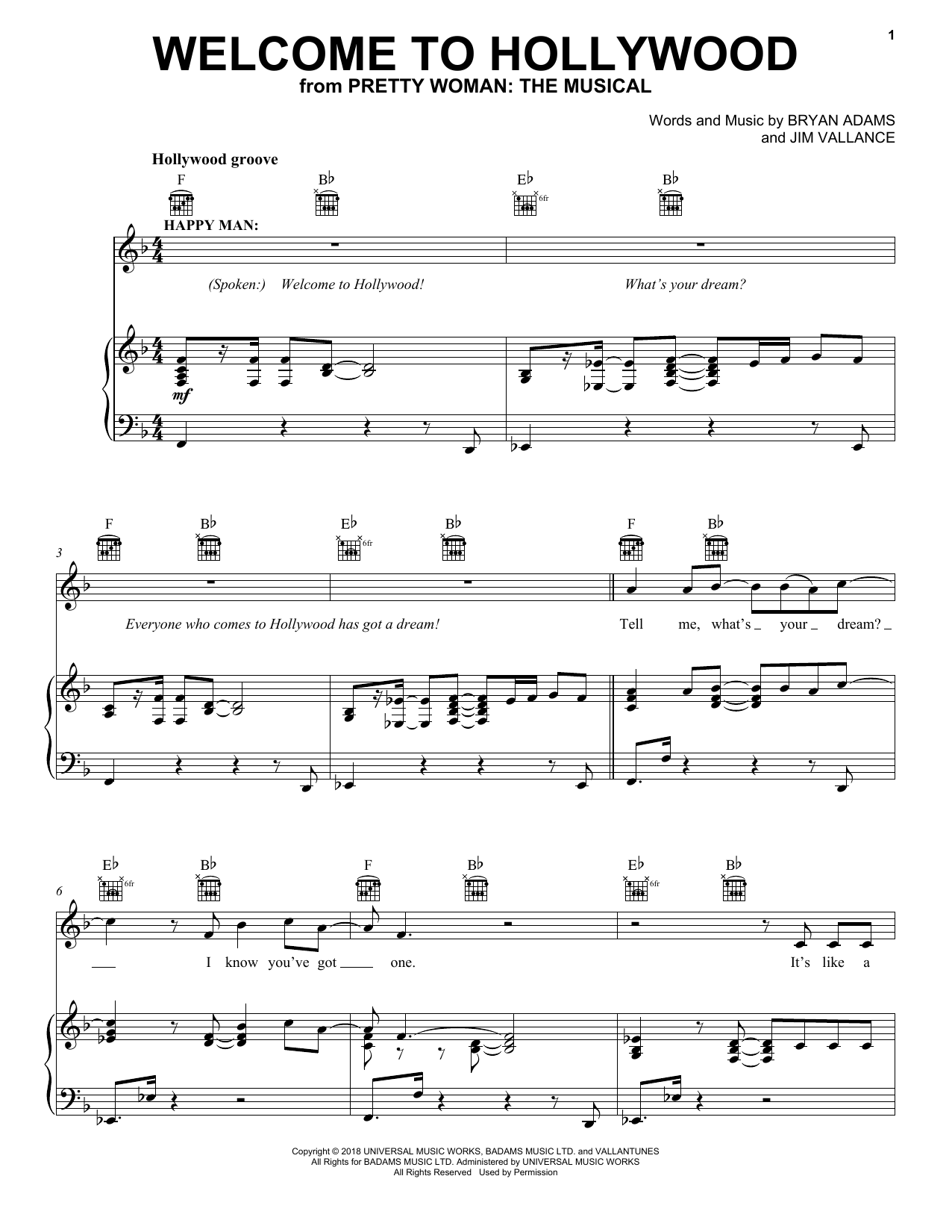 Download Bryan Adams & Jim Vallance Welcome To Hollywood (from Pretty Woman Sheet Music