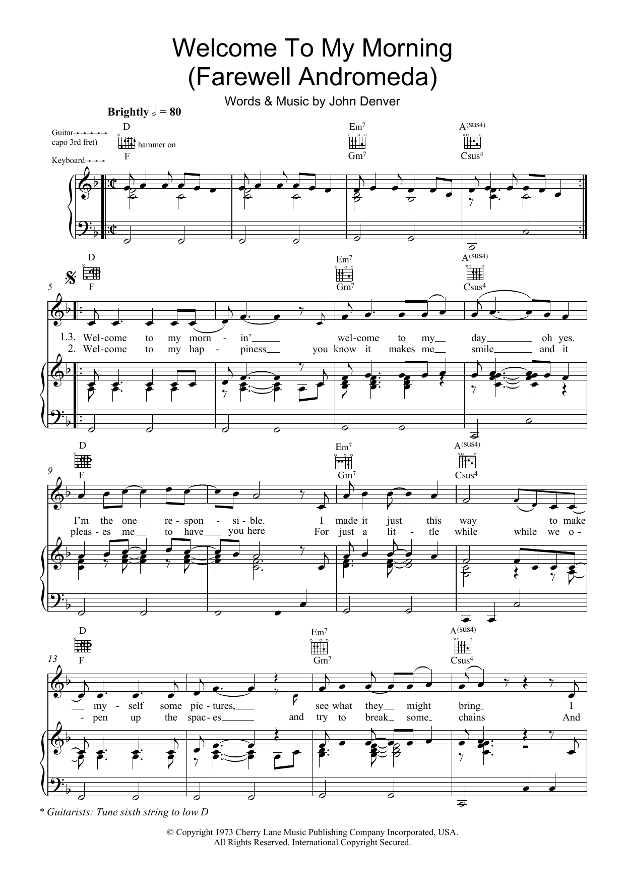 Download John Denver Welcome To My Morning (Farewell Androme Sheet Music