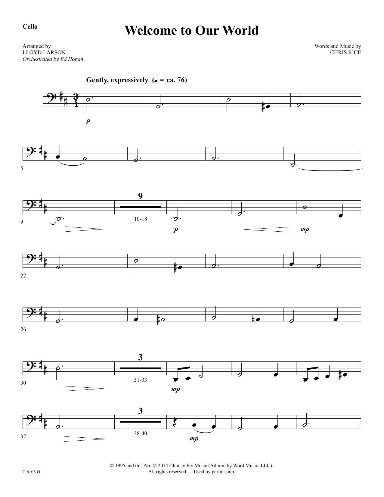 Download Ed Hogan Welcome to Our World - Cello Sheet Music