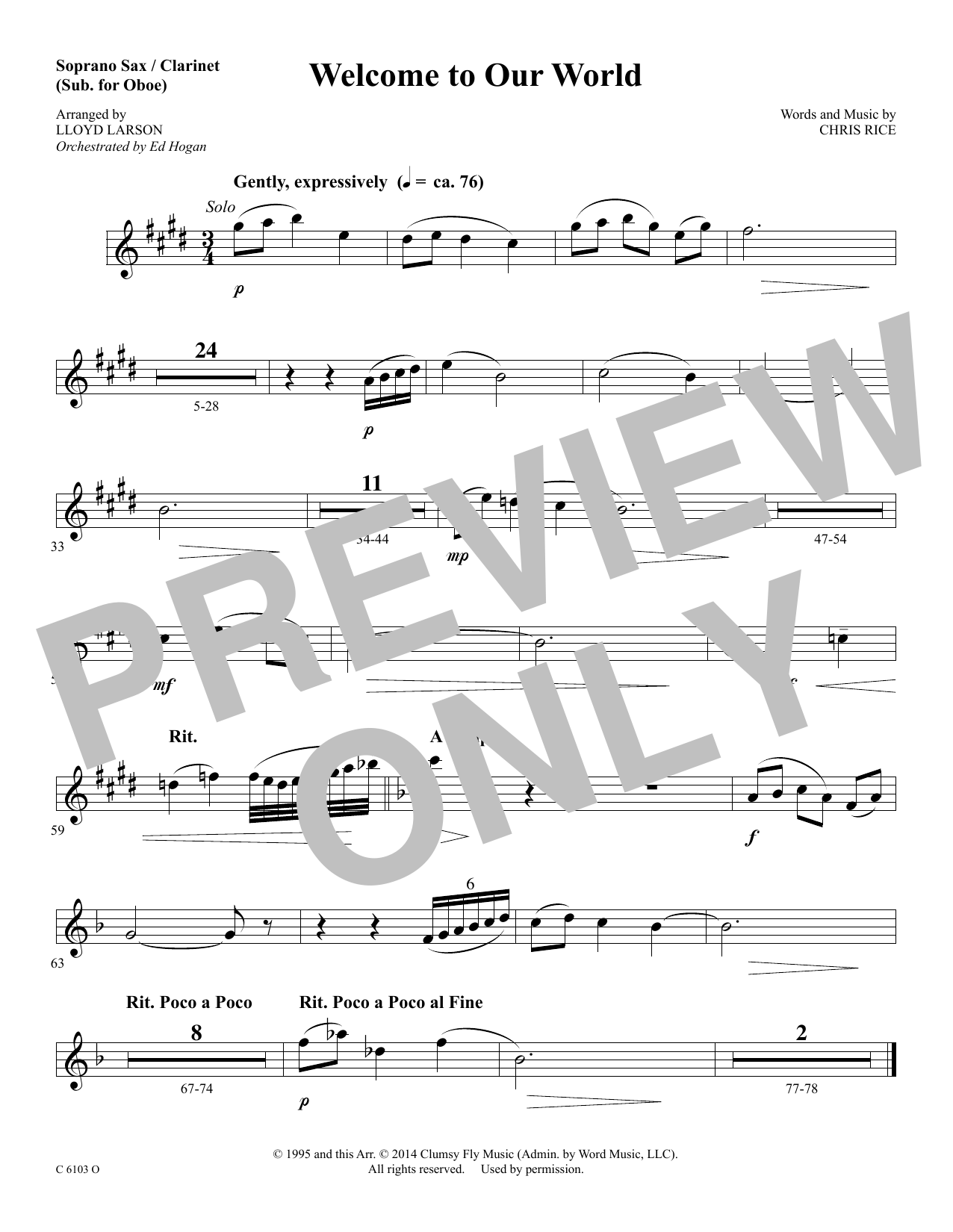 Download Ed Hogan Welcome to Our World - Soprano Sax/Clar Sheet Music