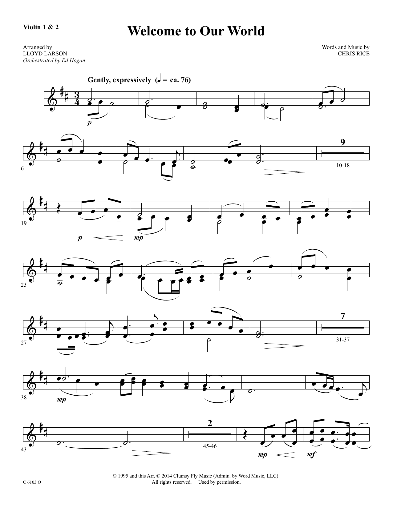 Download Ed Hogan Welcome to Our World - Violin 1, 2 Sheet Music