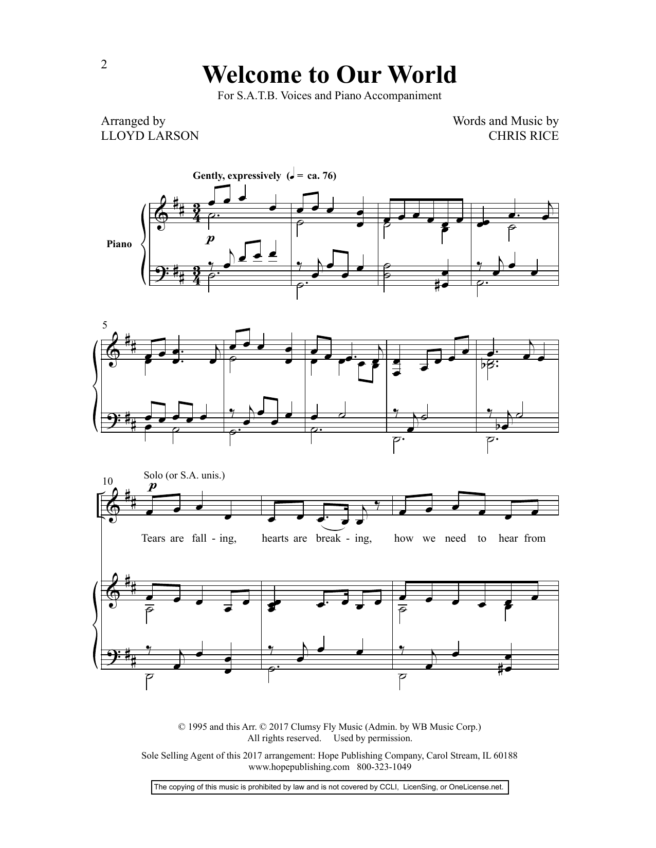 Download Chris Rice Welcome to Our World (arr. Lloyd Larson Sheet Music