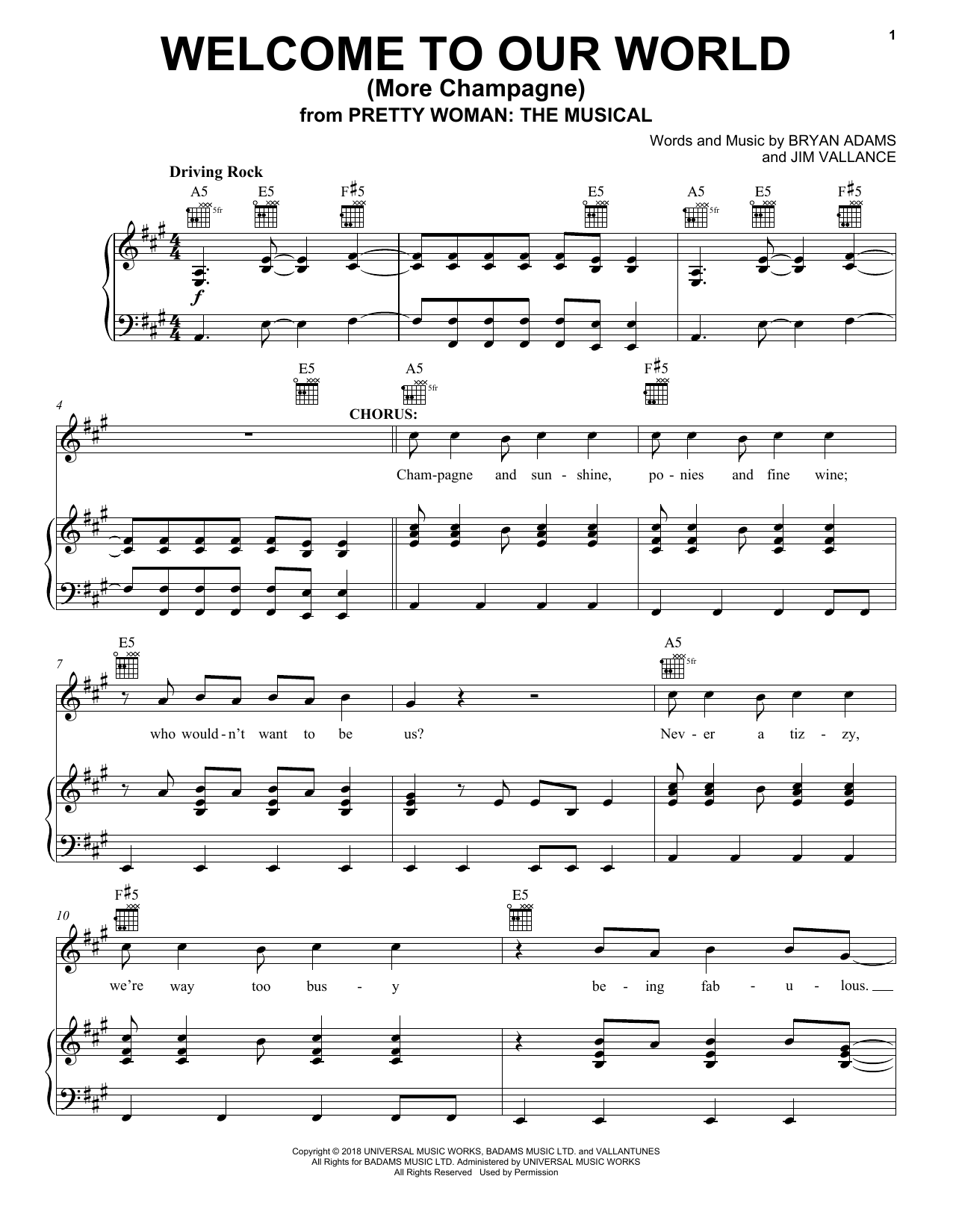 Download Bryan Adams & Jim Vallance Welcome To Our World (More Champagne) ( Sheet Music