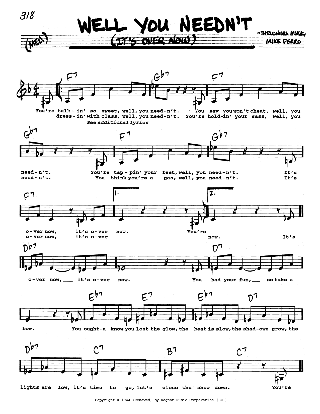 Thelonious Monk Well You Needn't (It's Over Now) (Low Voice) sheet music notes printable PDF score