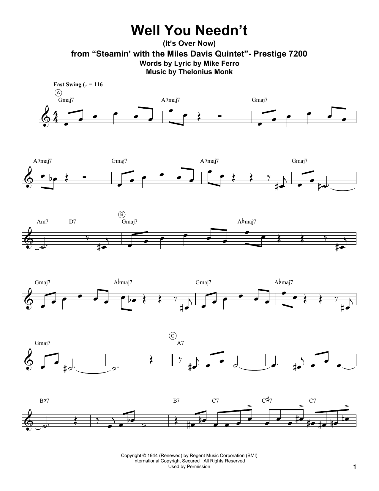 Download Miles Davis Well You Needn't (It's Over Now) Sheet Music