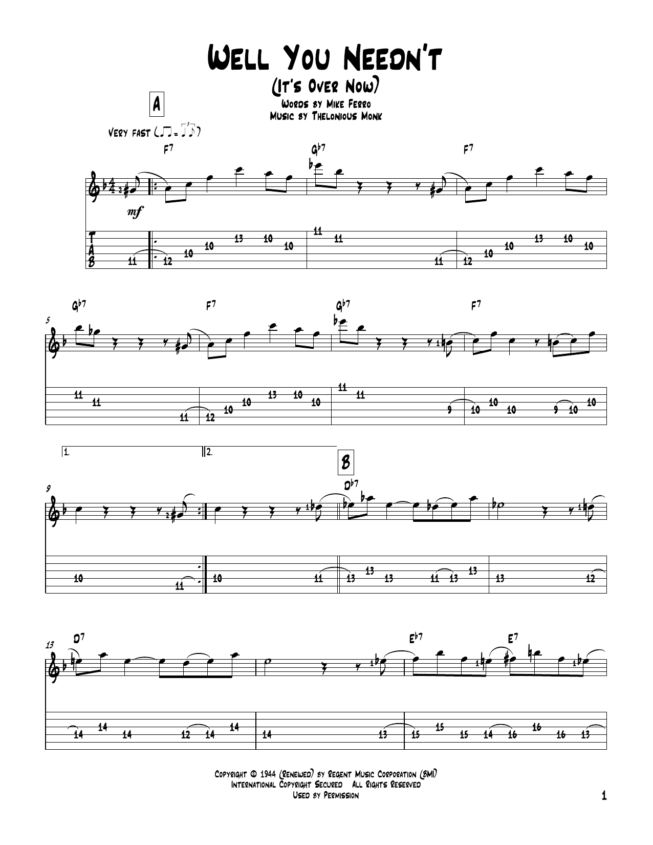 Download Thelonious Monk Well You Needn't (It's Over Now) Sheet Music