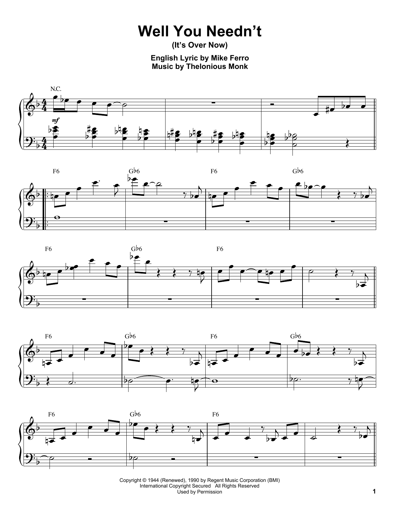 Download Thelonious Monk Well You Needn't (It's Over Now) Sheet Music