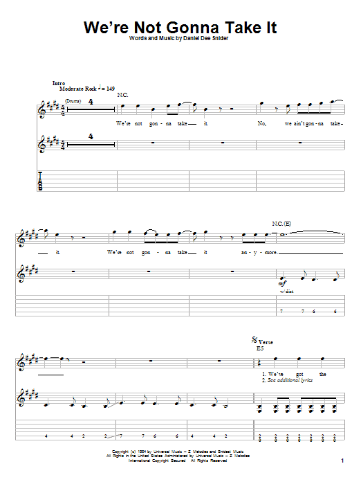 Download Twisted Sister We're Not Gonna Take It Sheet Music
