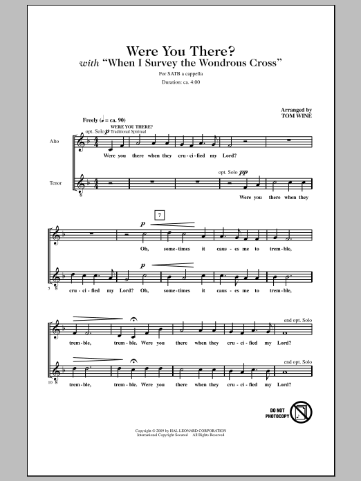 Download Tom Wine Were You There When They Crucified My L Sheet Music