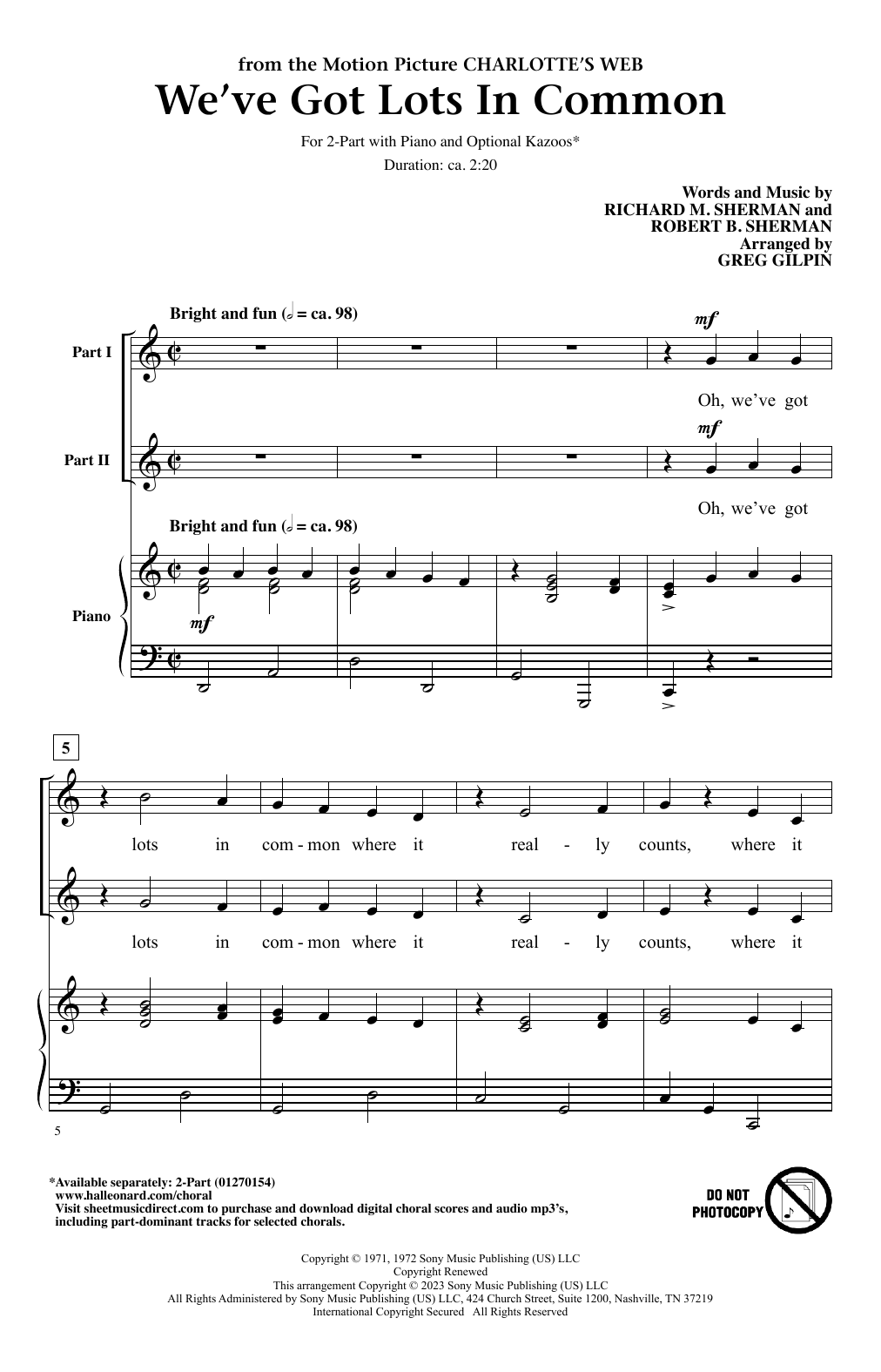 Sherman Brothers We've Got Lots In Common (from Charlotte's Web) (arr. Greg Gilpin) sheet music notes printable PDF score