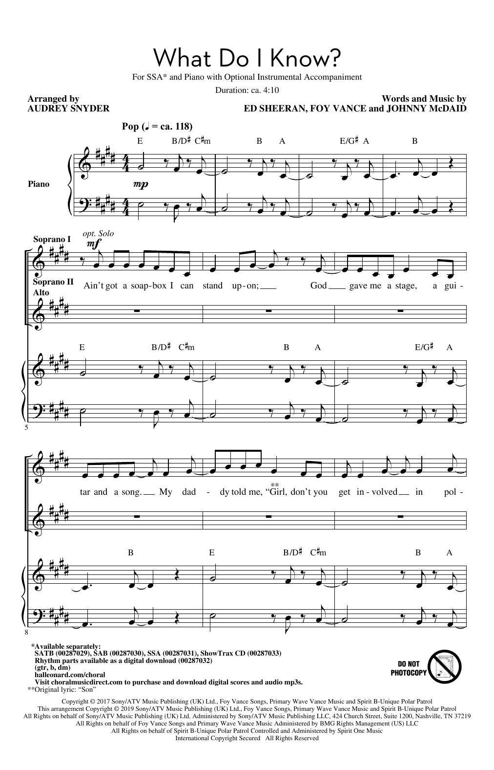 Download Ed Sheeran What Do I Know? (arr. Audrey Snyder) Sheet Music