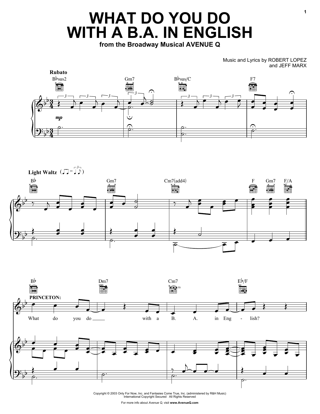 Download Robert Lopez & Jeff Marx What Do You Do With A B.A. In English ( Sheet Music