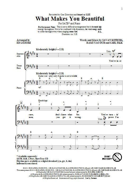 Download One Direction What Makes You Beautiful (arr. Ed Lojes Sheet Music