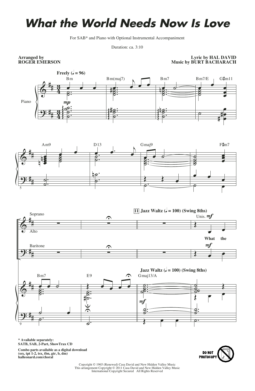 Download Bacharach & David What The World Needs Now Is Love (arr. Sheet Music