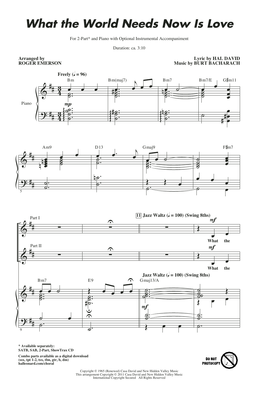 Download Bacharach & David What The World Needs Now Is Love (arr. Sheet Music