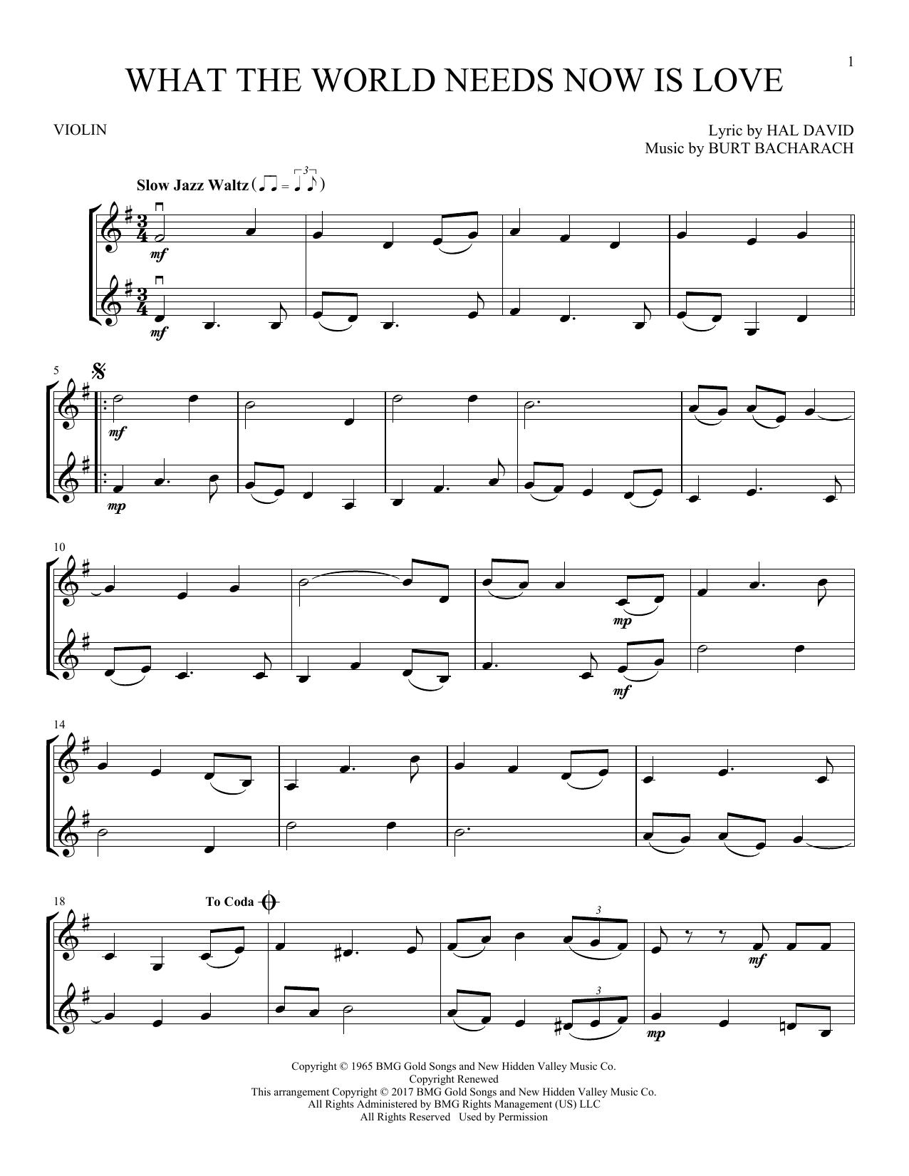 Download Bacharach & David What The World Needs Now Is Love Sheet Music