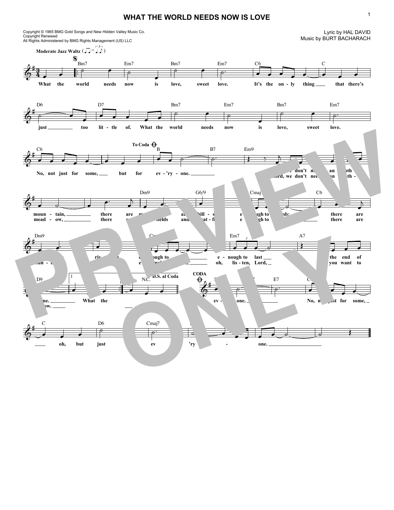 Download Jackie DeShannon What The World Needs Now Is Love Sheet Music
