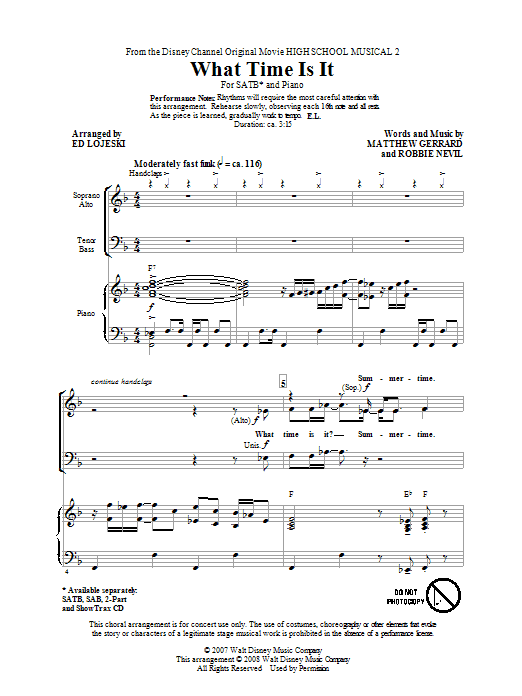 Download High School Musical 2 What Time Is It (arr. Ed Lojeski) Sheet Music