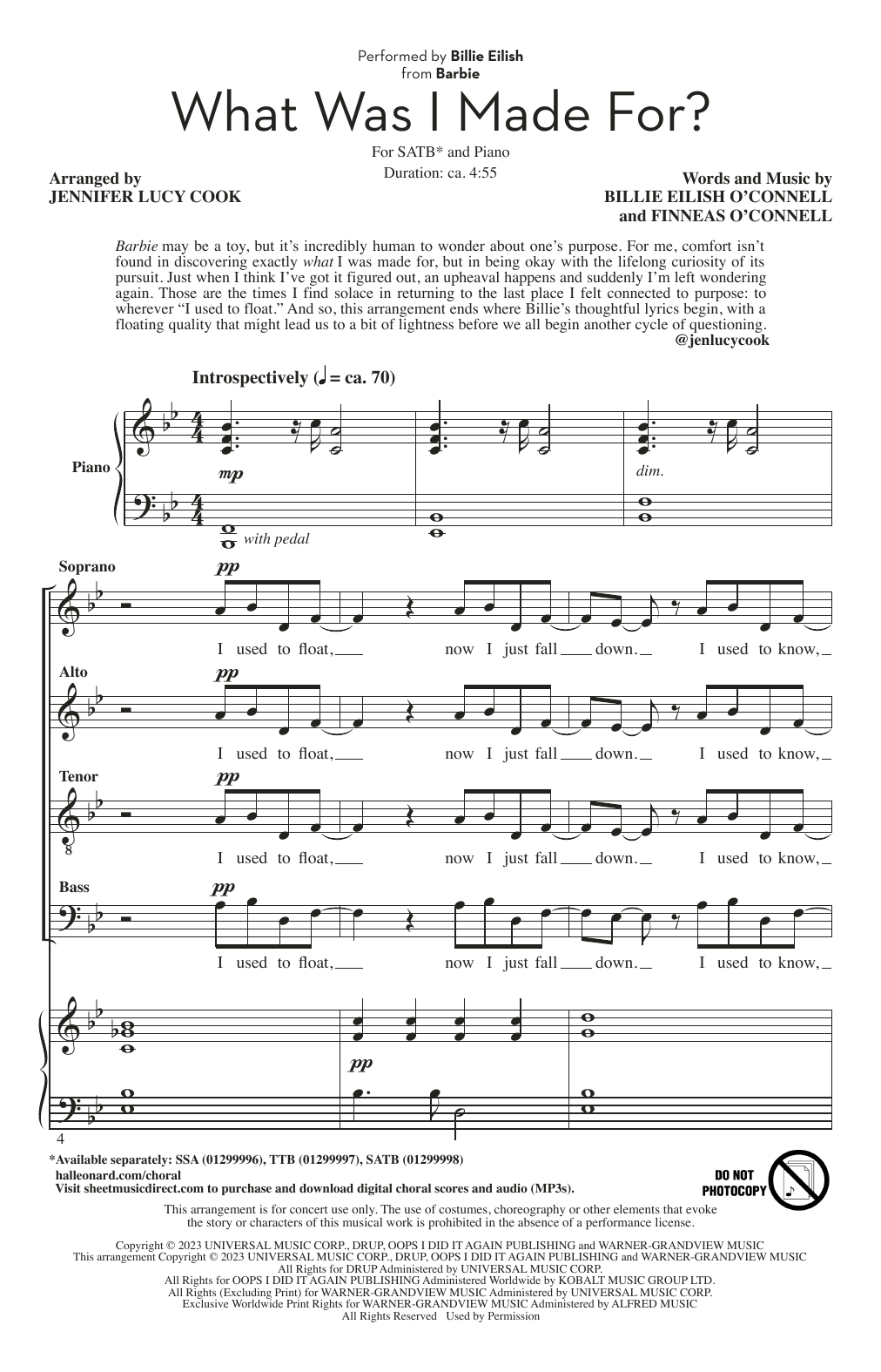 Billie Eilish What Was I Made For? (from Barbie) (arr. Jennifer Lucy Cook) sheet music notes printable PDF score