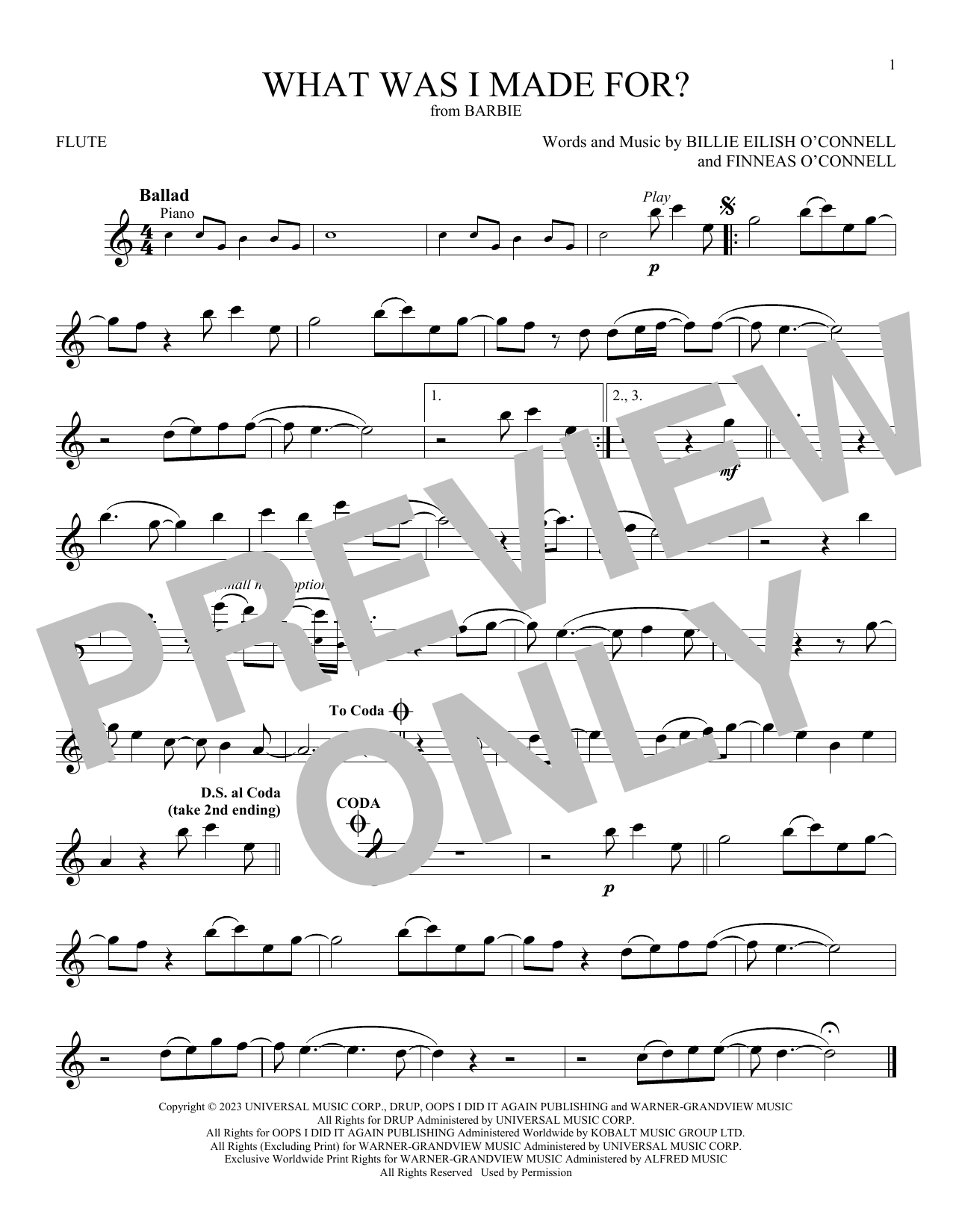 Billie Eilish What Was I Made For? (from Barbie) sheet music notes printable PDF score