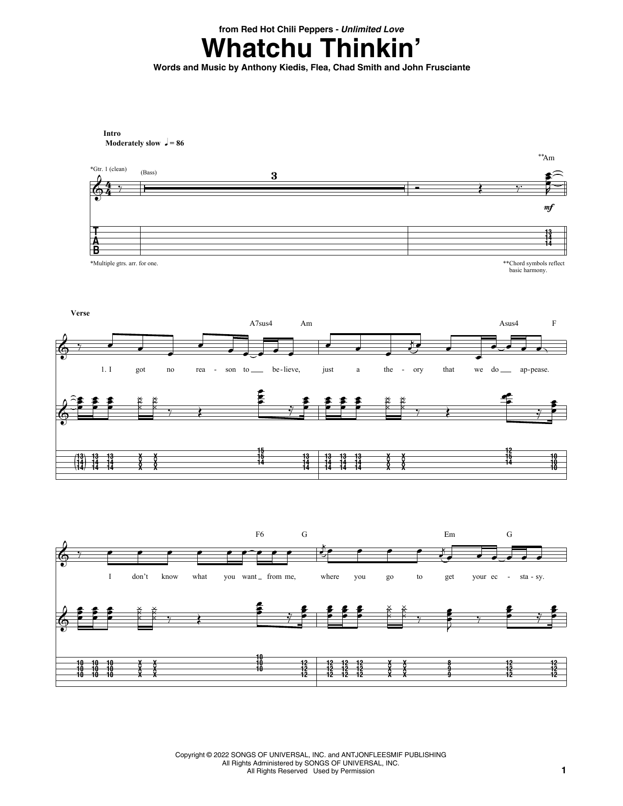 Download Red Hot Chili Peppers Whatchu Thinkin' Sheet Music