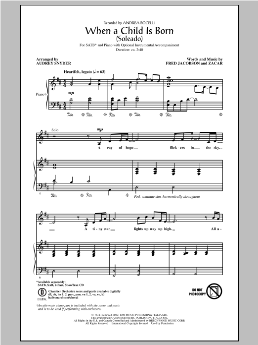 Download Andrea Bocelli When A Child Is Born (Soleado) (arr. Au Sheet Music