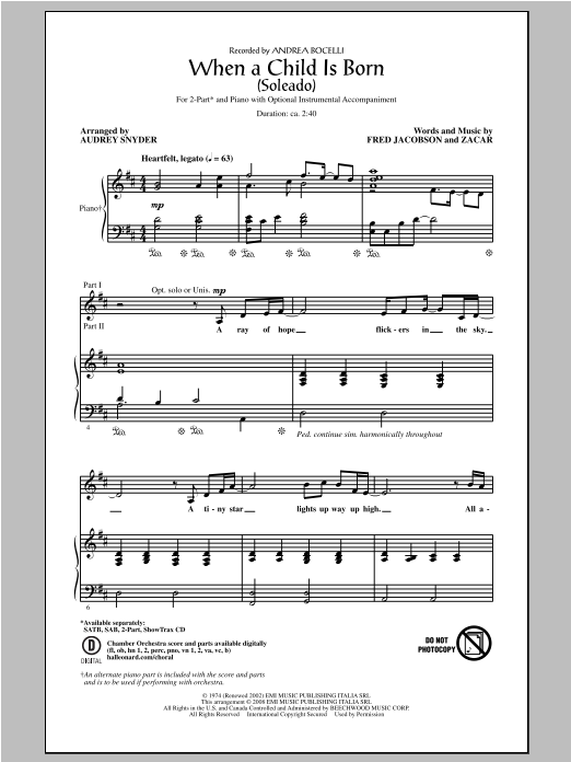 Download Andrea Bocelli When A Child Is Born (Soleado) (arr. Au Sheet Music