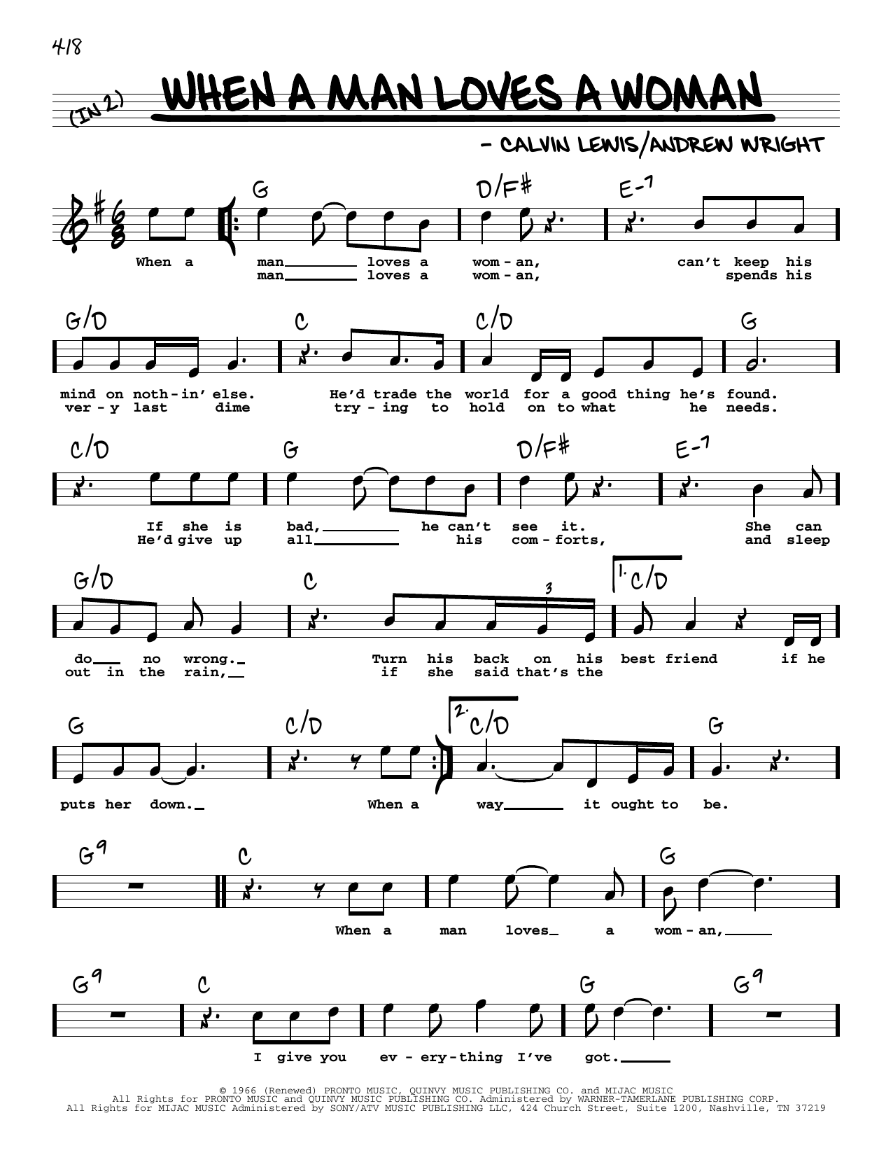 Download Percy Sledge When A Man Loves A Woman (High Voice) Sheet Music