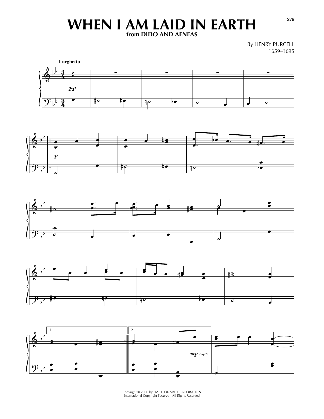 Henry Purcell When I Am Laid In Earth (from Dido and Aeneas) sheet music notes printable PDF score