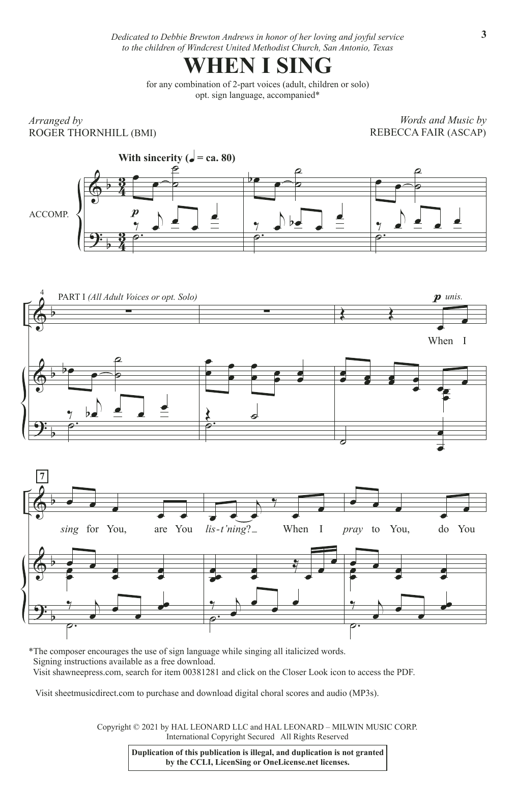 Download Rebecca Fair When I Sing (arr. Roger Thornhill) Sheet Music