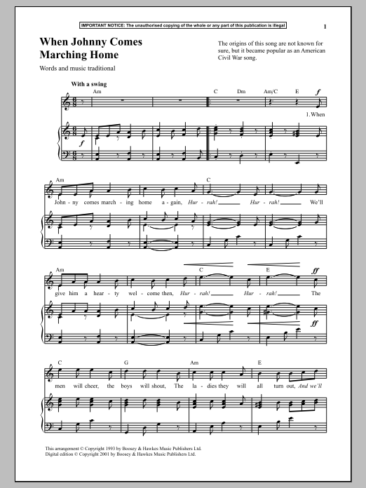 Download Traditional When Johnny Comes Marching Home Sheet Music