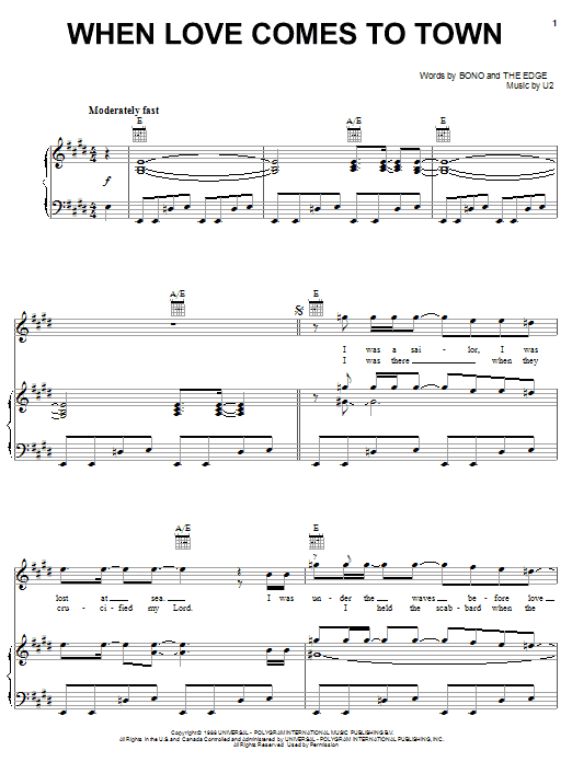Download U2 When Love Comes To Town Sheet Music