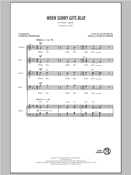 Download Johnny Mathis When Sunny Gets Blue (arr. Paris Ruther Sheet Music