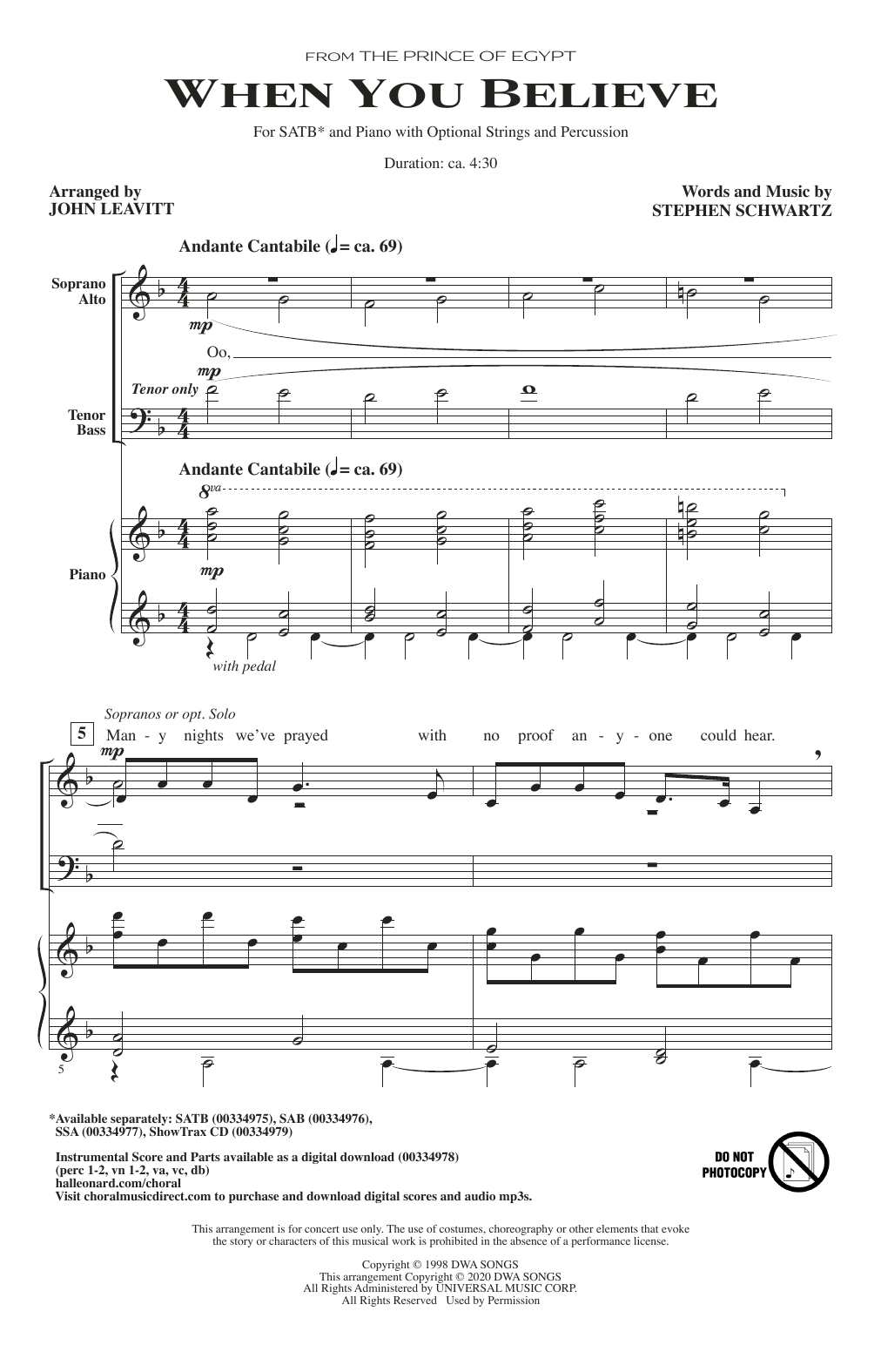 Download Stephen Schwartz When You Believe (from The Prince Of Eg Sheet Music