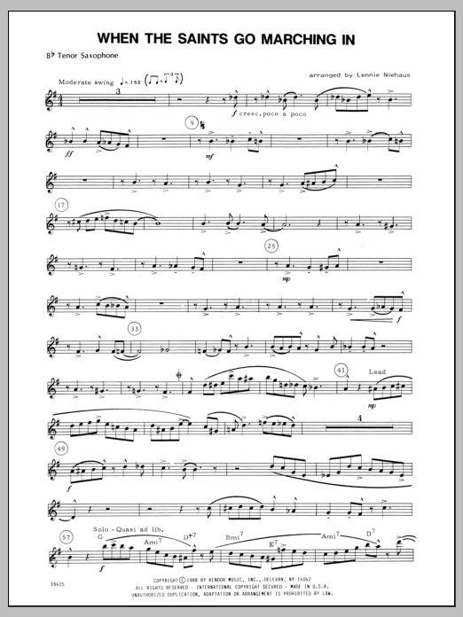 Download Niehaus When the Saints Go Marching In - Tenor Sheet Music