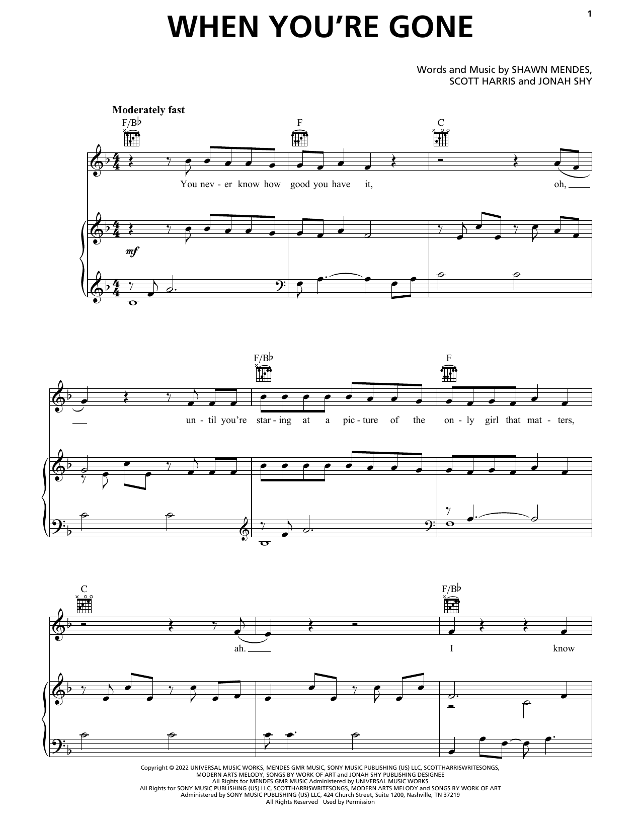 Shawn Mendes When You're Gone sheet music notes printable PDF score