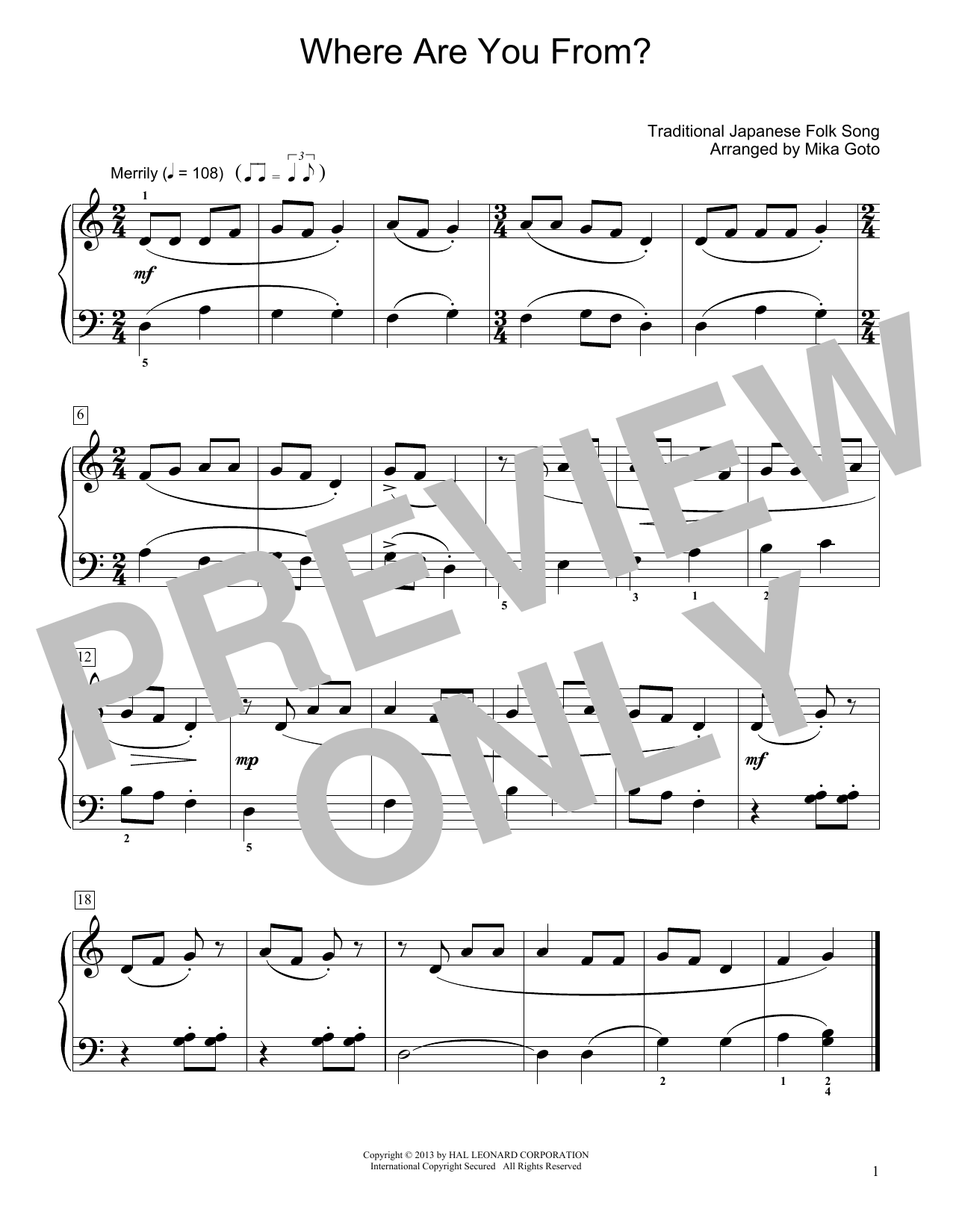 Download Traditional Japanese Folk Song Where Are You From? (arr. Mika Goto) Sheet Music