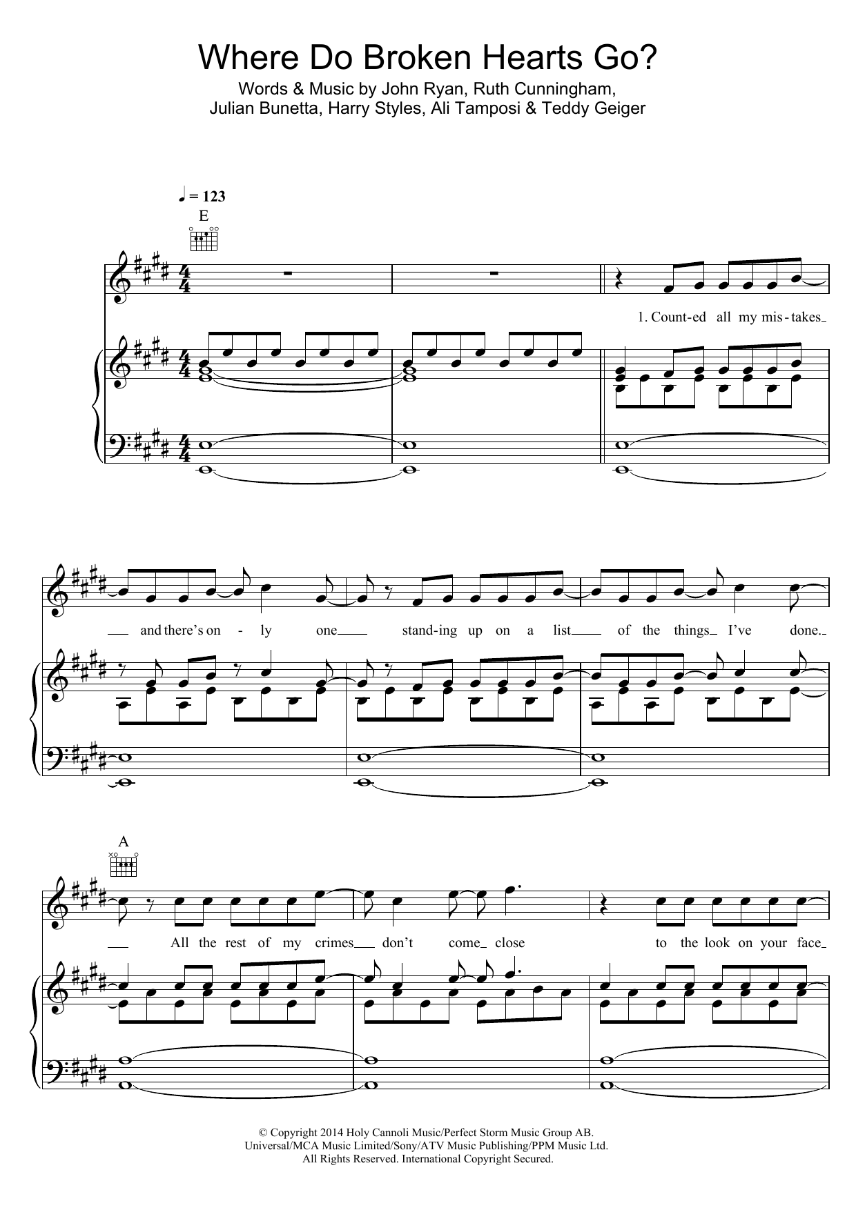 Download One Direction Where Do Broken Hearts Go Sheet Music