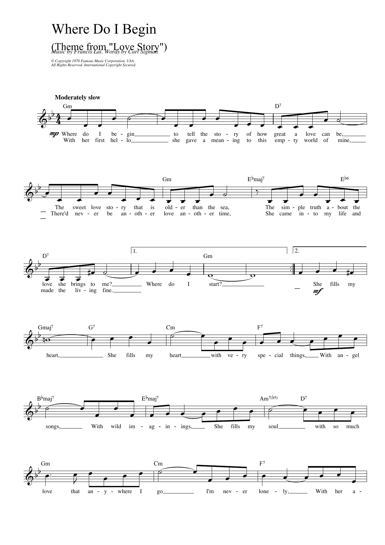 Download Francis Lai Where Do I Begin (theme from Love Story Sheet Music
