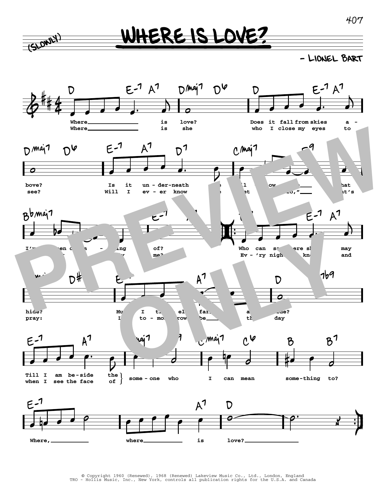 Download Lionel Bart Where Is Love? (High Voice) Sheet Music