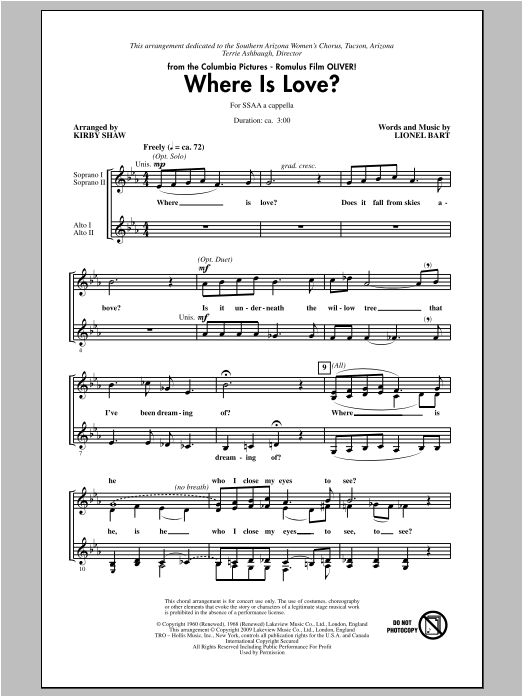 Download Lionel Bart Where Is Love? (arr. Kirby Shaw) Sheet Music